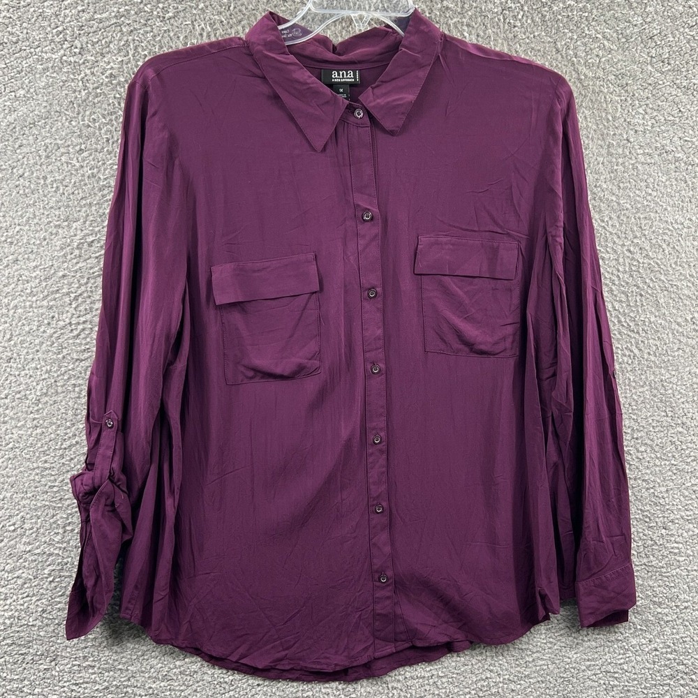 Womens Flowy Blouse 1X Minimalist Drape Button Front Office Workwear Polished